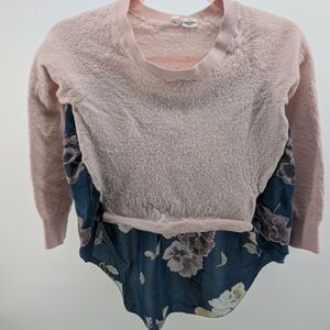 Moth Pink Fuzzy Pullover with Blue Floral Hem